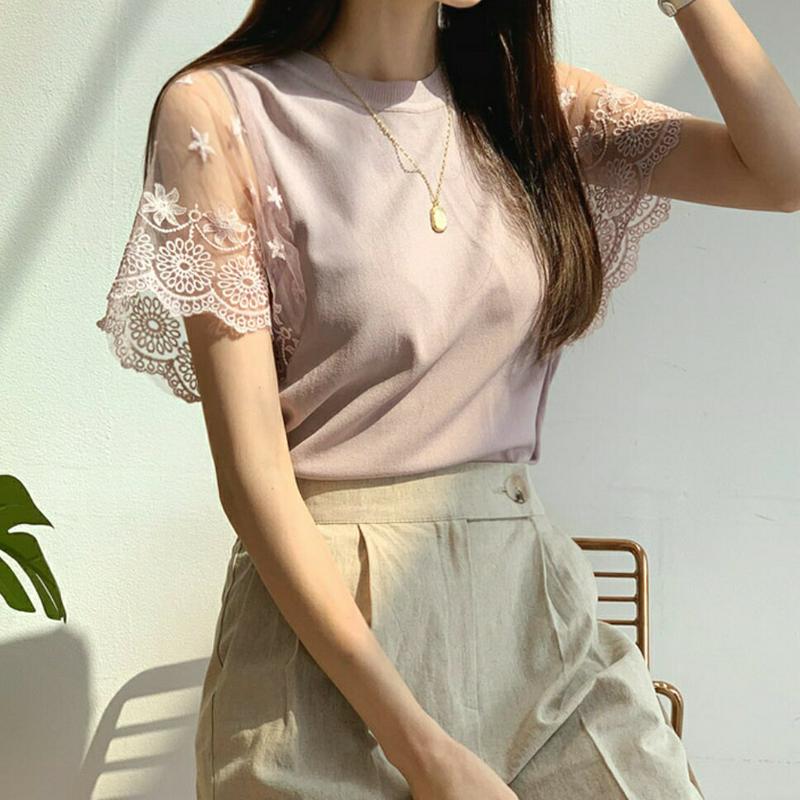 刺繍レーススリーブニット・全2色・b62034 レディース【tops】【トップス ニット ニットトップス 半袖 ショートスリーブ