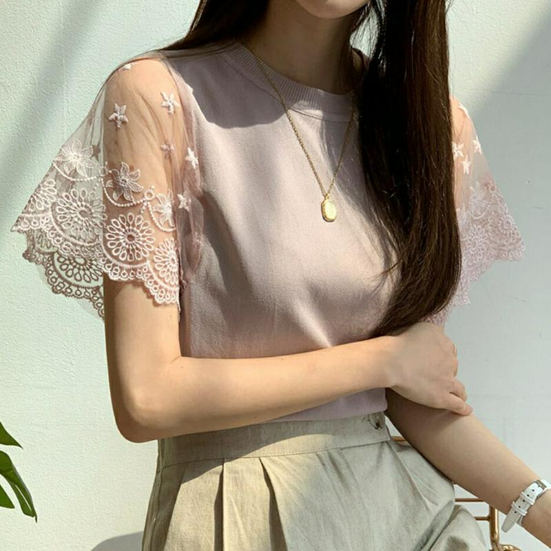 刺繍レーススリーブニット・全2色・b62034 レディース【tops】【トップス ニット ニットトップス 半袖 ショートスリーブ