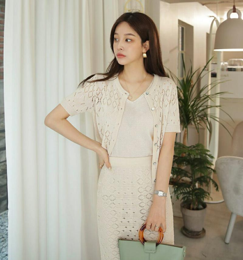 Vネックスリーブレス&シアーカーディガン&スカート3SET・全2色・b61947 レディース【ops】【セットアップ セット ス