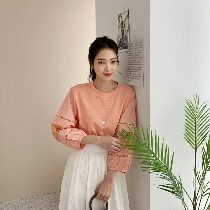 アイレットレースポイントTシャツ・全4色・b61876 レディース【tops】【トップス Tシャツ アイレット レース 袖コンシ