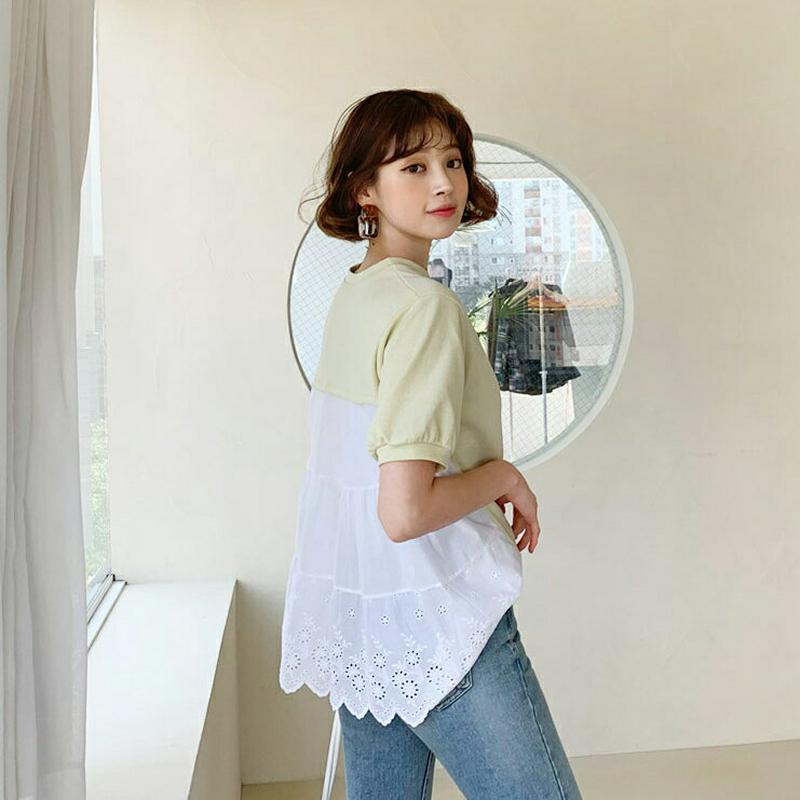 アイレットレースコントラストTシャツ・全3色・b59129 レディース 【tops】【トップス Tシャツ 半袖 ハーフスリーブ 