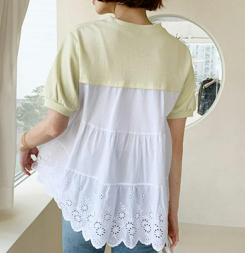 アイレットレースコントラストTシャツ・全3色・b59129 レディース 【tops】【トップス Tシャツ 半袖 ハーフスリーブ 
