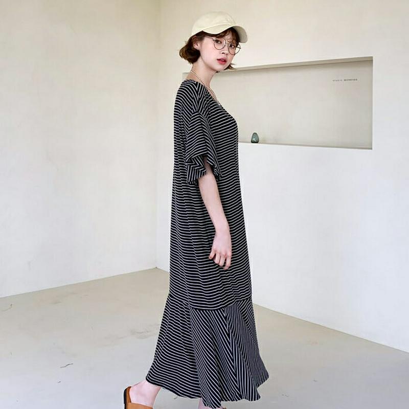 フレアボーダーワンピース・全2色・t59124 レディース 【ops】【ワンピース ロング ロングワンピース 半袖 ハーフスリー