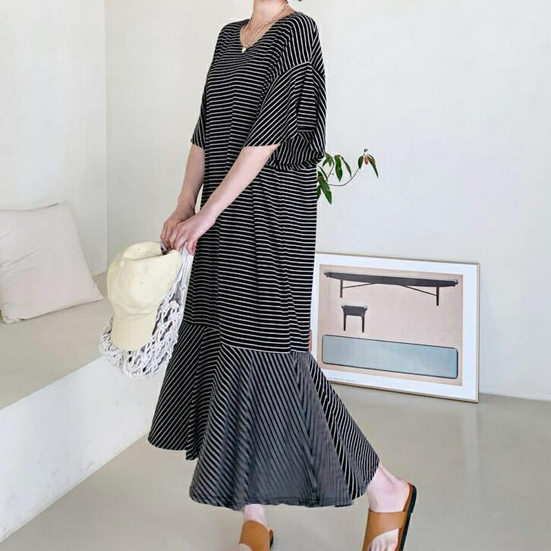 フレアボーダーワンピース・全2色・t59124 レディース 【ops】【ワンピース ロング ロングワンピース 半袖 ハーフスリー