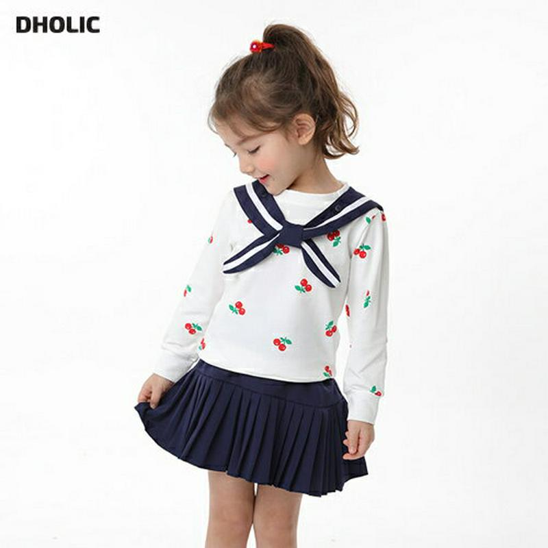 セーラーカラーチェリーTシャツ&スカートSET・p001473 キッズ【3~8才】【set】【セットアップ セット 上下 トップス 長袖 チェリー さくらんぼ サクランボ スカート ミニスカート プリーツ 女の子 子供 こども 子供服 こども服】【KIDS】