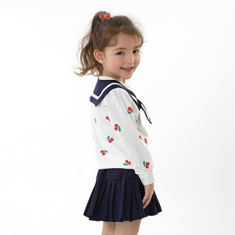 セーラーカラーチェリーTシャツ&スカートSET・p001473 キッズ【3~8才】【set】【セットアップ セット 上下 トップス 長袖 チェリー さくらんぼ サクランボ スカート ミニスカート プリーツ 女の子 子供 こども 子供服 こども服】【KIDS】