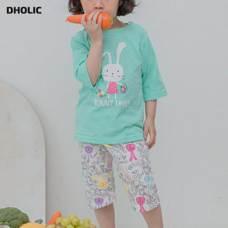 BUNNYプリントパジャマSET・p001423 キッズ【3~8才】【uw】【パジャマ 部屋着 ルームウェア トップス Tシャツ 七分丈 七分袖 7分丈 7分袖 半ズボン ハーフパンツ パンツ ズボン うさぎ ウサギ アニマル 動物 こども 子供服 こども服】【KIDS】