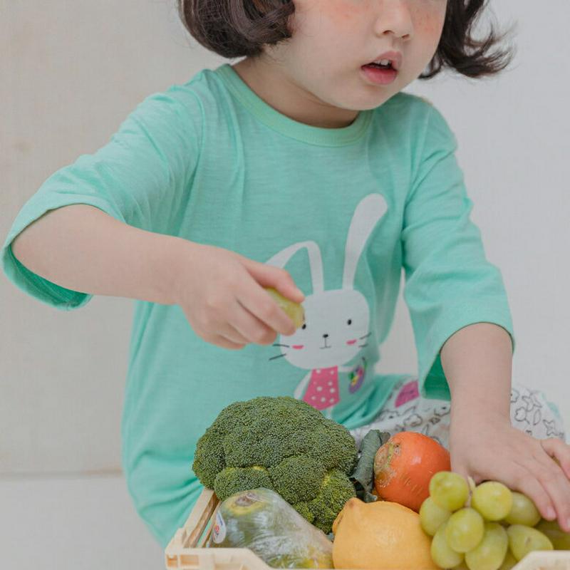 BUNNYプリントパジャマSET・p001423 キッズ【3~8才】【uw】【パジャマ 部屋着 ルームウェア トップス Tシャツ 七分丈 七分袖 7分丈 7分袖 半ズボン ハーフパンツ パンツ ズボン うさぎ ウサギ アニマル 動物 こども 子供服 こども服】【KIDS】
