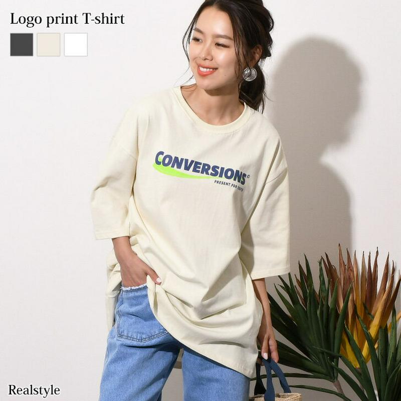 ロゴプリント七分袖ロングカットソー レディース トップス カットソー ロンT 綿100% コットン100% tシャツ 5分袖 五