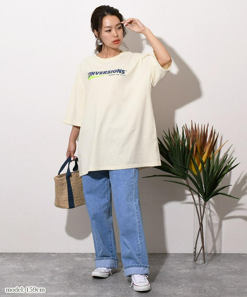 ロゴプリント七分袖ロングカットソー レディース トップス カットソー ロンT 綿100% コットン100% tシャツ 5分袖 五