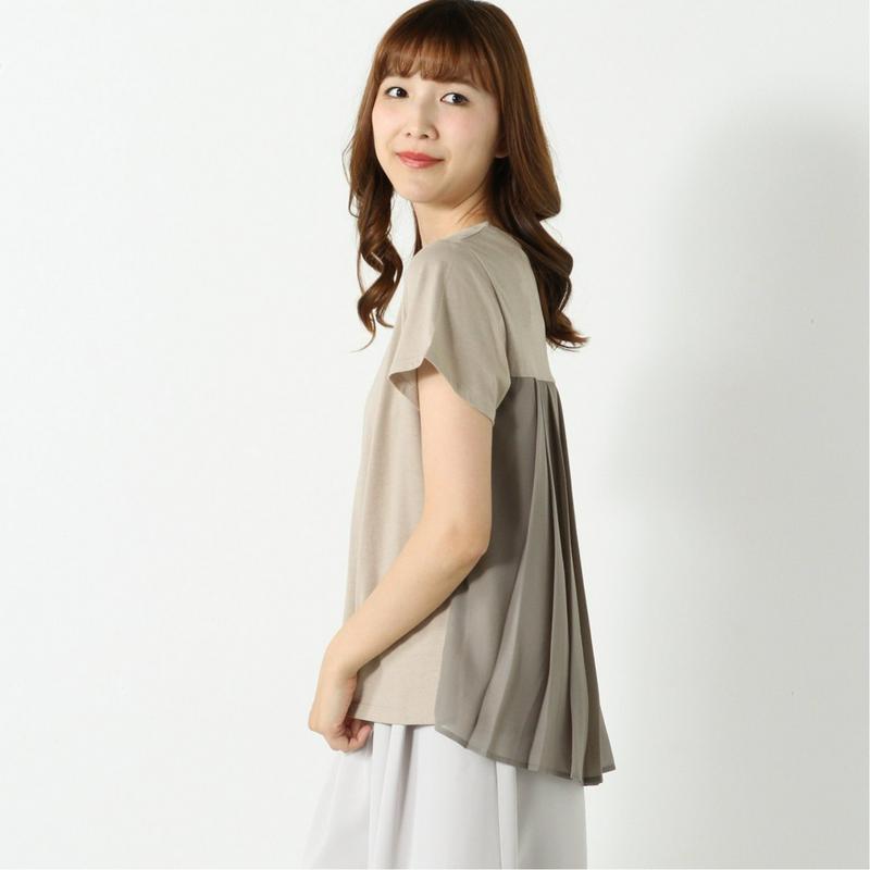 シルケット加工できれいめ見え◎後ろジョーゼットプリーツ異素材Ｔシャツ