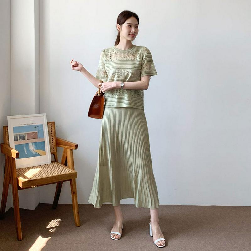 パンチングニット&スカートSET・全3色・b62129 レディース【ops】【セットアップ トップス ニット ニットトップス 半