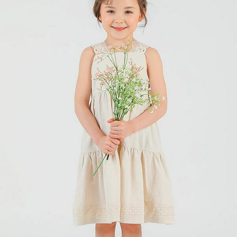 リネン混レースティアードワンピース・p001941 キッズ【3~8才】【ops】【ワンピース スリーブレス ノースリーブ 単色 無地 ミディ丈 ミディワンピース ティアード リネン 女の子 子供 こども 子供服 こども服】【KIDS】