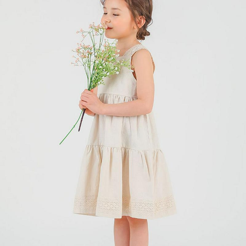 リネン混レースティアードワンピース・p001941 キッズ【3~8才】【ops】【ワンピース スリーブレス ノースリーブ 単色 無地 ミディ丈 ミディワンピース ティアード リネン 女の子 子供 こども 子供服 こども服】【KIDS】