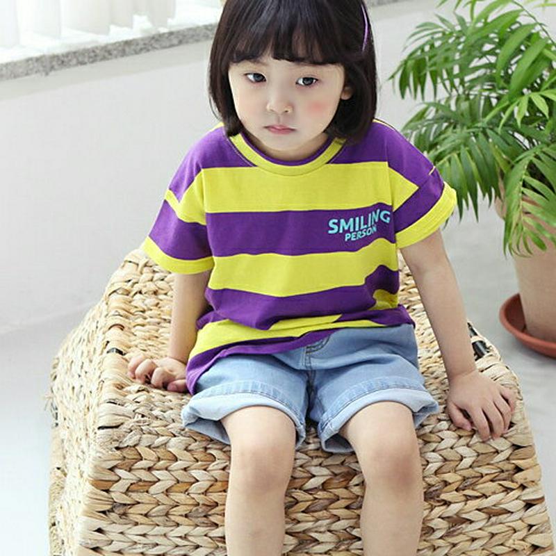 レタリングボーダーTシャツ・p001621 キッズ【3~8才】【tops】【トップス Tシャツ ボーダー ワイドボーダー レタリング ロゴ ロゴT カジュアル 半袖 ハーフスリーブ ラフ 女の子 男の子 子供 こども 子供服 こども服】【KIDS】