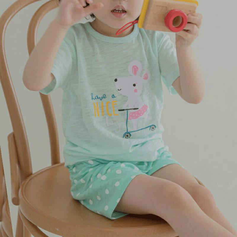 MouseパジャマSET(ミント)・p001429 キッズ【3~8才】【uw】【パジャマ 部屋着 ルームウェア トップス Tシャ