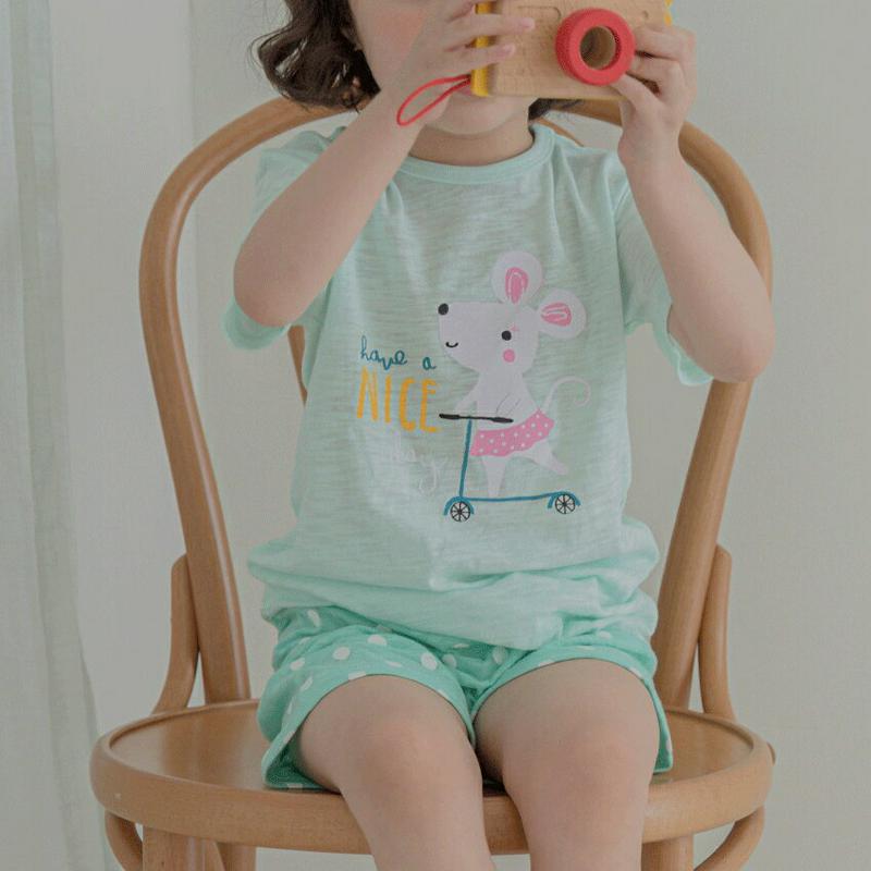 MouseパジャマSET(ミント)・p001429 キッズ【3~8才】【uw】【パジャマ 部屋着 ルームウェア トップス Tシャ