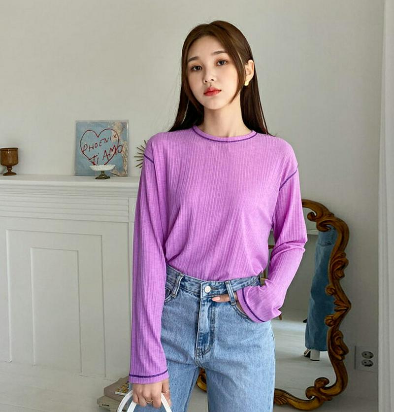 ステッチリブTシャツ・全6色・t55533 レディース 【tops】【トップス Tシャツ 長袖 ステッチ リブ 単色 シンプル 