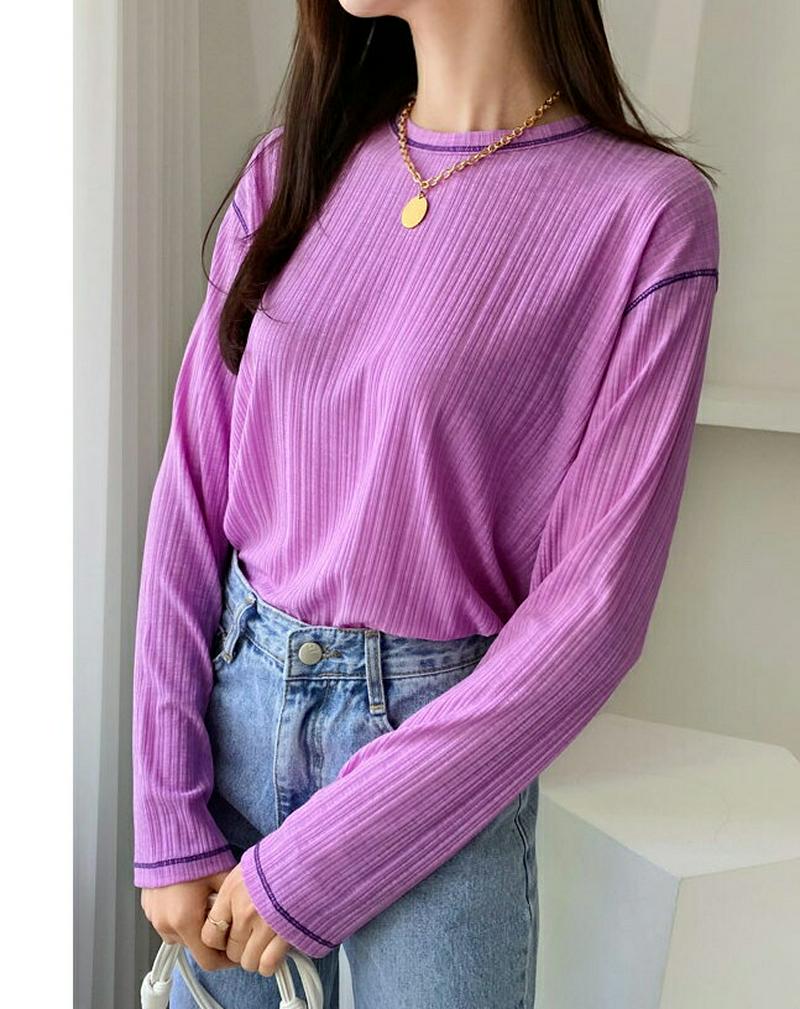 ステッチリブTシャツ・全6色・t55533 レディース 【tops】【トップス Tシャツ 長袖 ステッチ リブ 単色 シンプル 