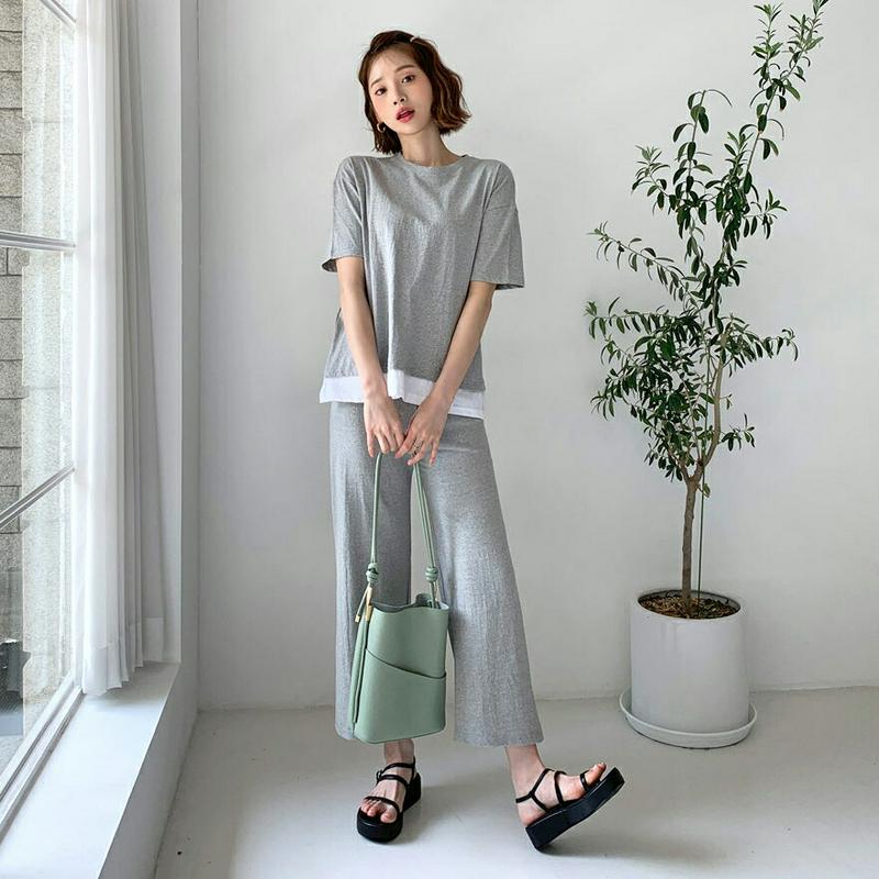 レイヤードTシャツ&パンツSET・全4色・t55539 レディース 【pt】【セットアップ setup トップス Tシャツ 半袖