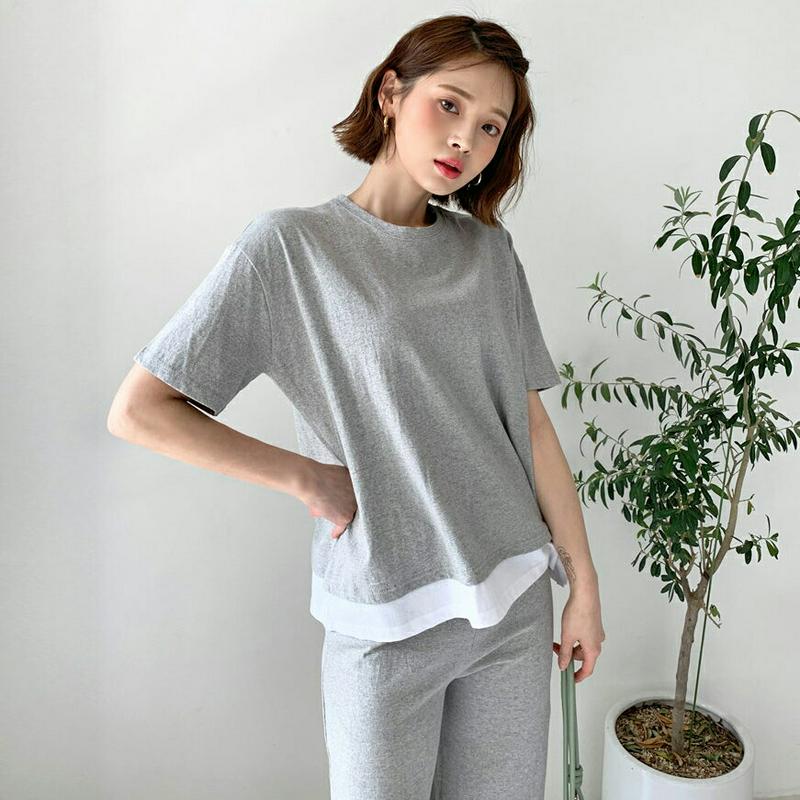 レイヤードTシャツ&パンツSET・全4色・t55539 レディース 【pt】【セットアップ setup トップス Tシャツ 半袖