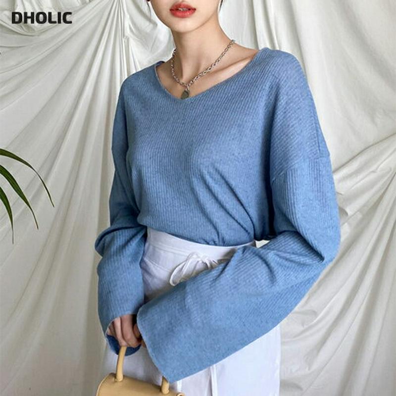 VネックルーズTシャツ・全4色・t43884 レディース 【tops】【トップス Tシャツ 長袖 無地T ロンT 単色 無地 シ