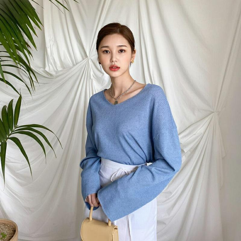 VネックルーズTシャツ・全4色・t43884 レディース 【tops】【トップス Tシャツ 長袖 無地T ロンT 単色 無地 シ