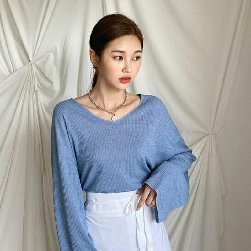 VネックルーズTシャツ・全4色・t43884 レディース 【tops】【トップス Tシャツ 長袖 無地T ロンT 単色 無地 シ