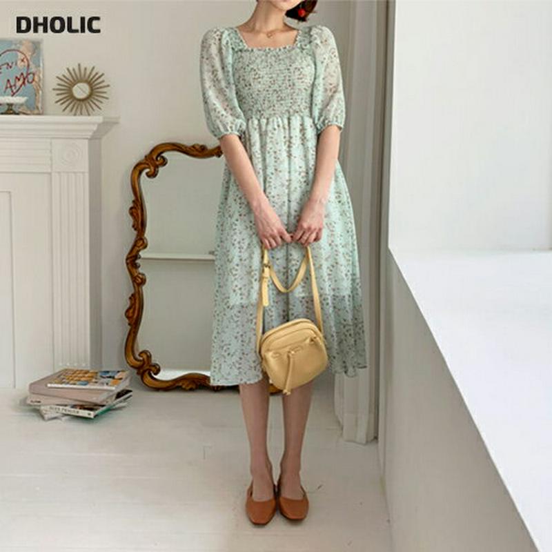 シャーリング花柄ワンピース・全3色・t55544 レディース 【ops】【ワンピース ミディ丈 ミディワンピース 半袖 ハーフス