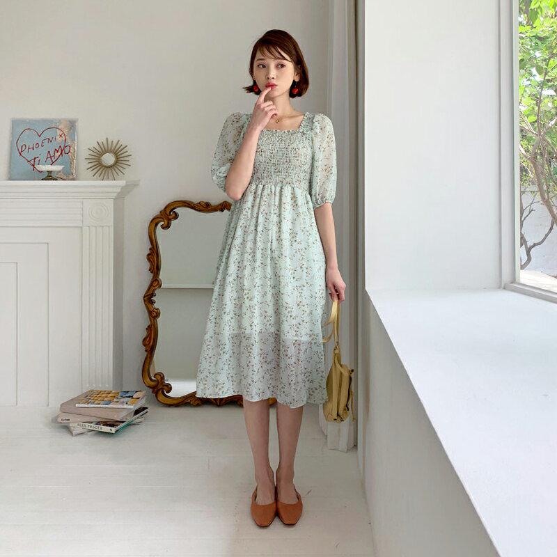 シャーリング花柄ワンピース・全3色・t55544 レディース 【ops】【ワンピース ミディ丈 ミディワンピース 半袖 ハーフス