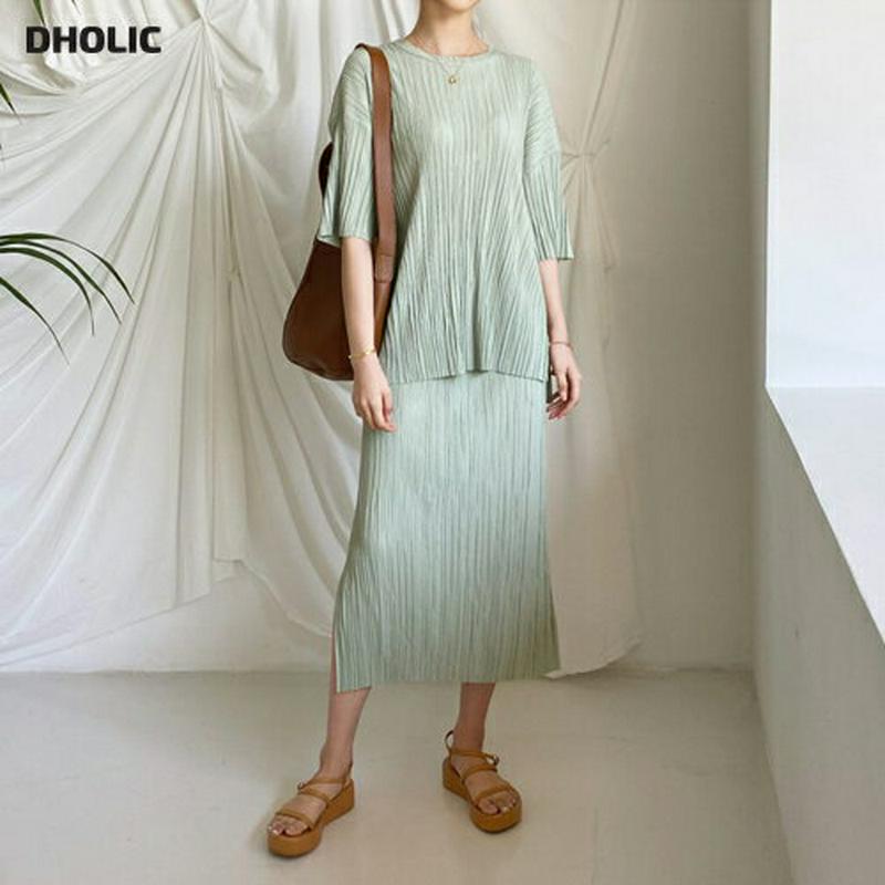 ≪人気商品再入荷≫プリーツTシャツ&スカートSET・全4色・b55540 レディース 【ops】【セットアップ トップス Tシャツ 半袖 ハーフスリーブ スカート ロング ロングスカート プリーツ プリーツトップス プリーツスカート ラフ 上品 大人 setup 春 夏】