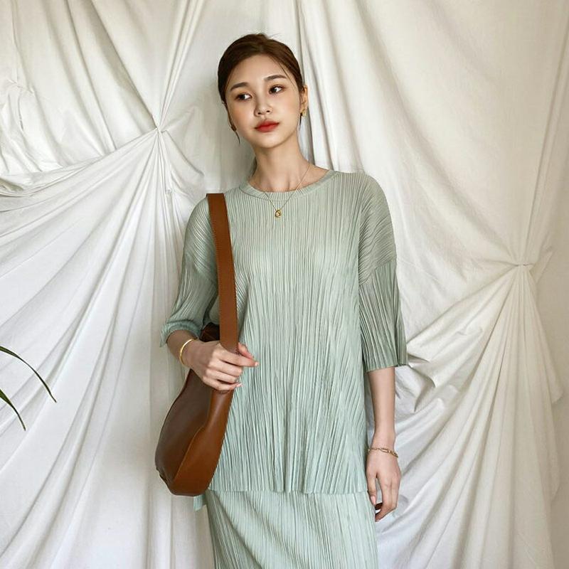 ≪人気商品再入荷≫プリーツTシャツ&スカートSET・全4色・b55540 レディース 【ops】【セットアップ トップス Tシャツ 半袖 ハーフスリーブ スカート ロング ロングスカート プリーツ プリーツトップス プリーツスカート ラフ 上品 大人 setup 春 夏】