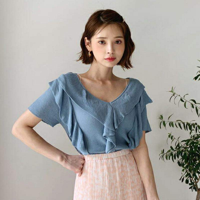 フリルVネックニット・全4色・b55531 レディース 【tops】【トップス ニット ニットトップス 半袖 フリル フリルネッ