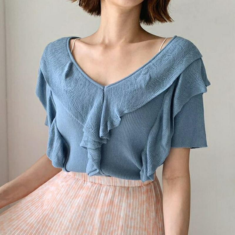 フリルVネックニット・全4色・b55531 レディース 【tops】【トップス ニット ニットトップス 半袖 フリル フリルネッ