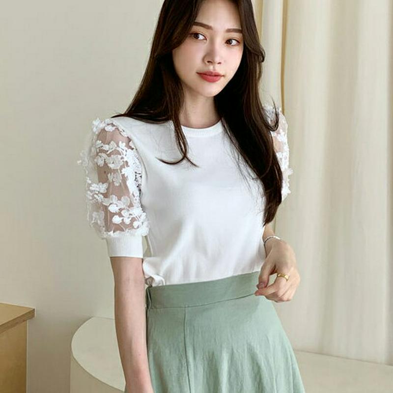 刺繍シアースリーブニット・全3色・b62157 レディース【tops】【トップス ニット ニットトップス 半袖 ハーフスリーブ 