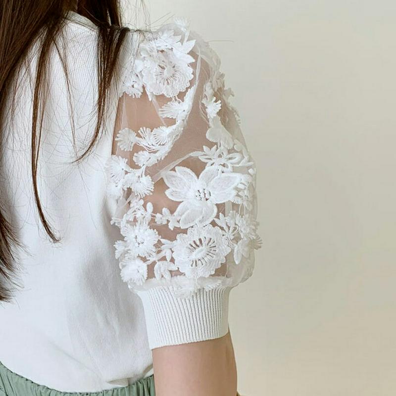 刺繍シアースリーブニット・全3色・b62157 レディース【tops】【トップス ニット ニットトップス 半袖 ハーフスリーブ 