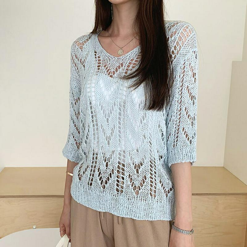 Vネックシアールーズニット・全5色・b62158 レディース【tops】【トップス ニット ニットトップス 七分丈 七分袖 7分