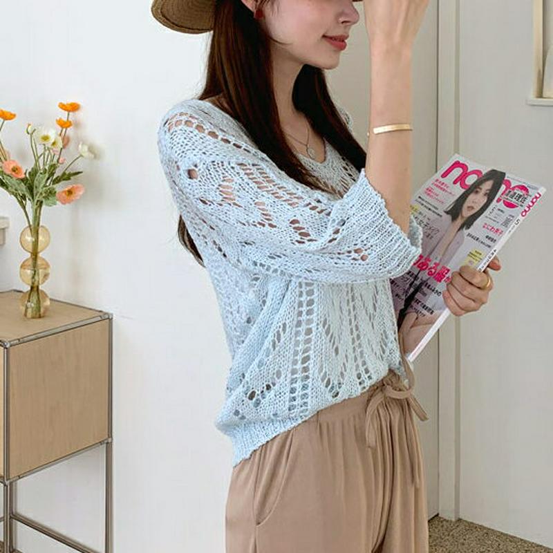 Vネックシアールーズニット・全5色・b62158 レディース【tops】【トップス ニット ニットトップス 七分丈 七分袖 7分