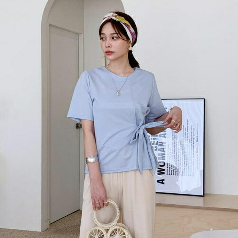 リボンラウンドTシャツ・全3色・t62160 レディース【tops】【トップス Tシャツ 半袖 ハーフスリーブ 単色 無地 リボ