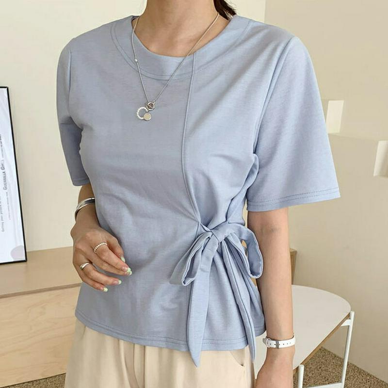 リボンラウンドTシャツ・全3色・t62160 レディース【tops】【トップス Tシャツ 半袖 ハーフスリーブ 単色 無地 リボ