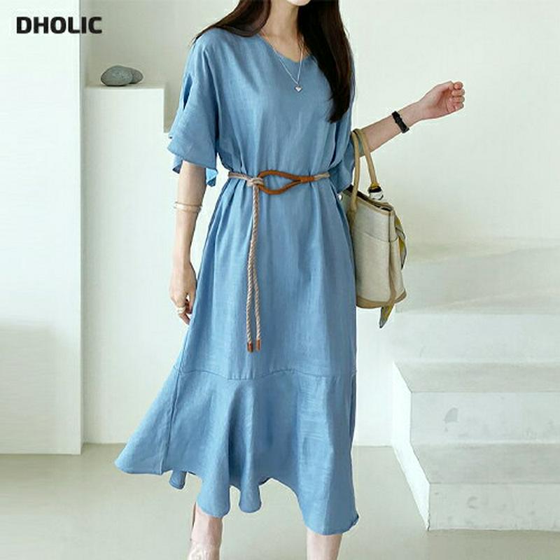 Vネックラッフルワンピース・全3色・b62149 レディース【ops】【ワンピース ロング ロングワンピース 半袖 ハーフスリー