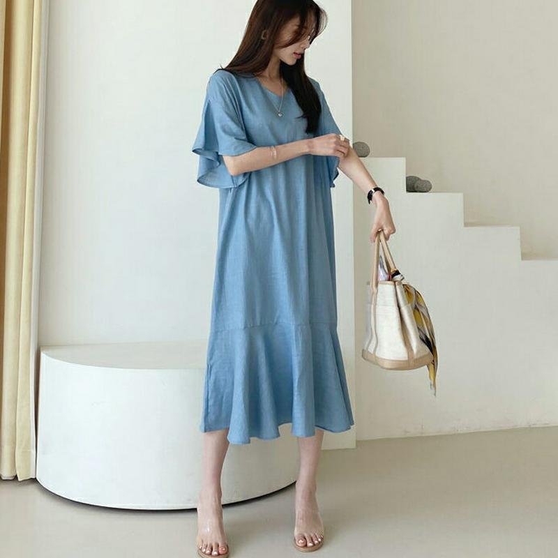 Vネックラッフルワンピース・全3色・b62149 レディース【ops】【ワンピース ロング ロングワンピース 半袖 ハーフスリー