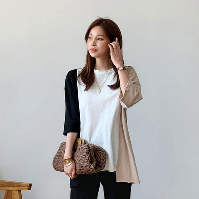 カラーコントラストTシャツ・全3色・b62112 レディース【tops】【トップス Tシャツ 七分丈 七分袖 7分袖 7分丈 コ