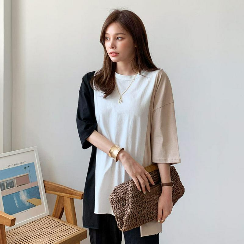 カラーコントラストTシャツ・全3色・b62112 レディース【tops】【トップス Tシャツ 七分丈 七分袖 7分袖 7分丈 コ