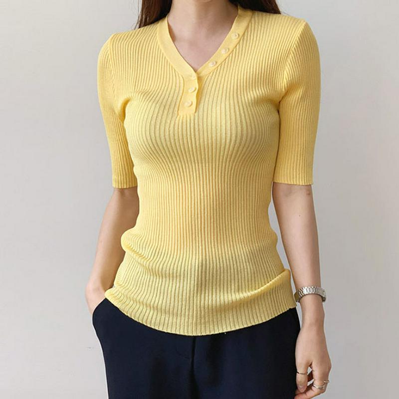 ボタンVネックリブスリムニット・全6色・b62115 レディース【tops】【トップス ニット ニットトップス リブ リブトップ
