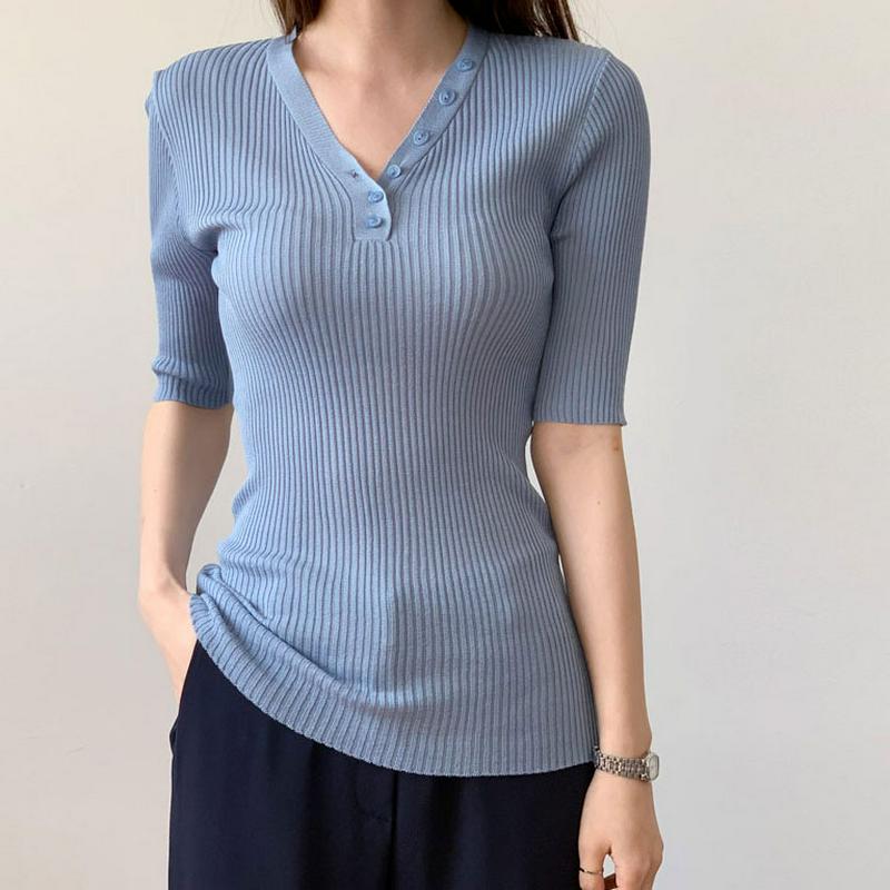 ボタンVネックリブスリムニット・全6色・b62115 レディース【tops】【トップス ニット ニットトップス リブ リブトップ