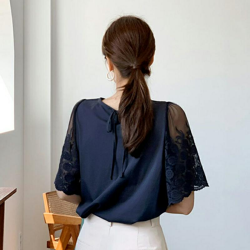 刺繍シアースリーブTシャツ・全3色・b62110 レディース【tops】【トップス Tシャツ 半袖 ハーフスリーブ シアー 透け