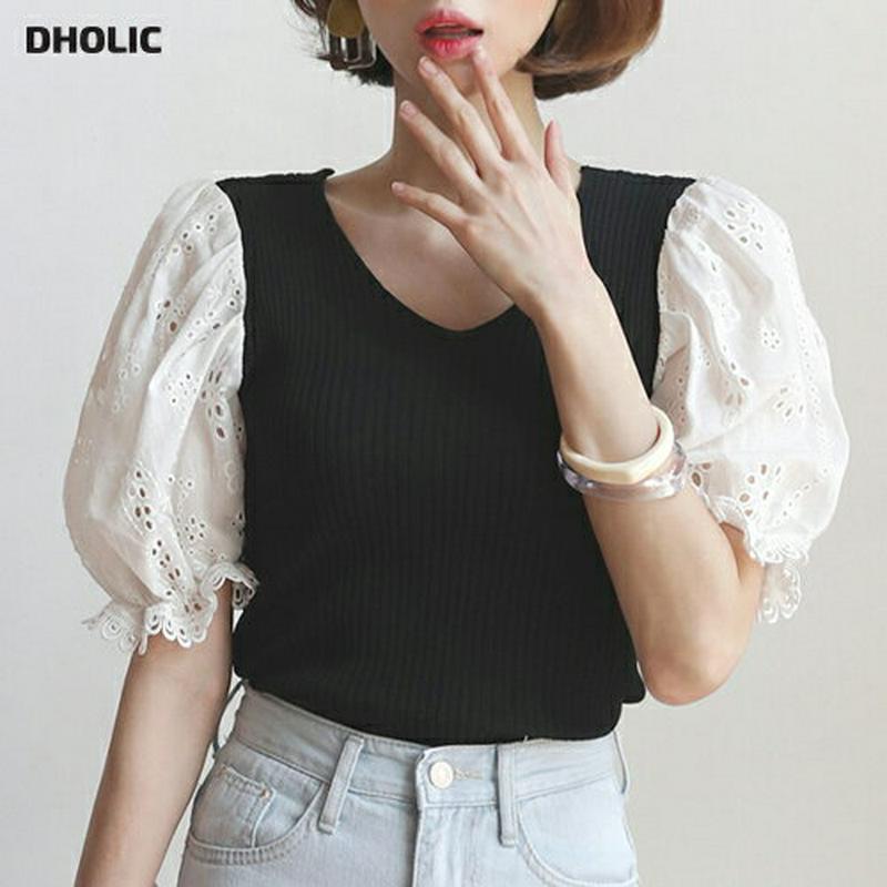 ≪人気商品再入荷≫Vネックレーススリーブニット・全3色・t59251 レディース 【tops】 韓国 ファッション トップス ニット ニットトップス 半袖 ハーフスリーブ レース 袖コンシャス パフスリーブ Vネック アイレット ガーリー 可愛い かわいい 春 夏