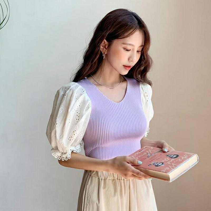 ≪人気商品再入荷≫Vネックレーススリーブニット・全3色・t59251 レディース 【tops】 韓国 ファッション トップス ニット ニットトップス 半袖 ハーフスリーブ レース 袖コンシャス パフスリーブ Vネック アイレット ガーリー 可愛い かわいい 春 夏