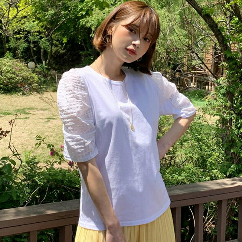 シアサッカースリーブTシャツ・全2色・t59244 レディース 【tops】【トップス Tシャツ 透け感 半袖 ハーフスリーブ 